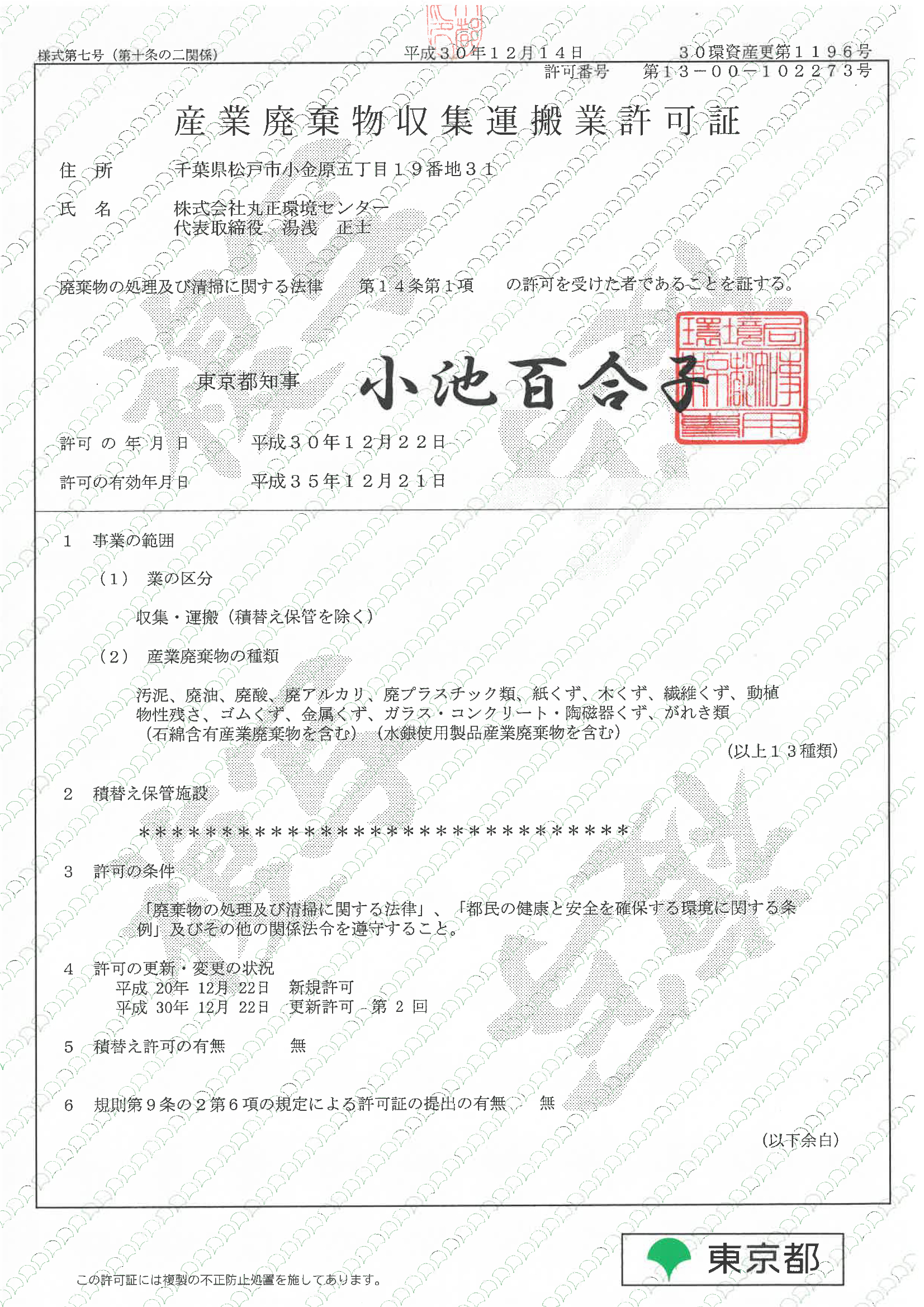 産業廃棄物収集運搬業許可証